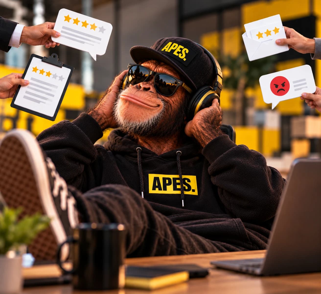 The ape kicking back in headphones while hands wave star ratings and an angry review at it
