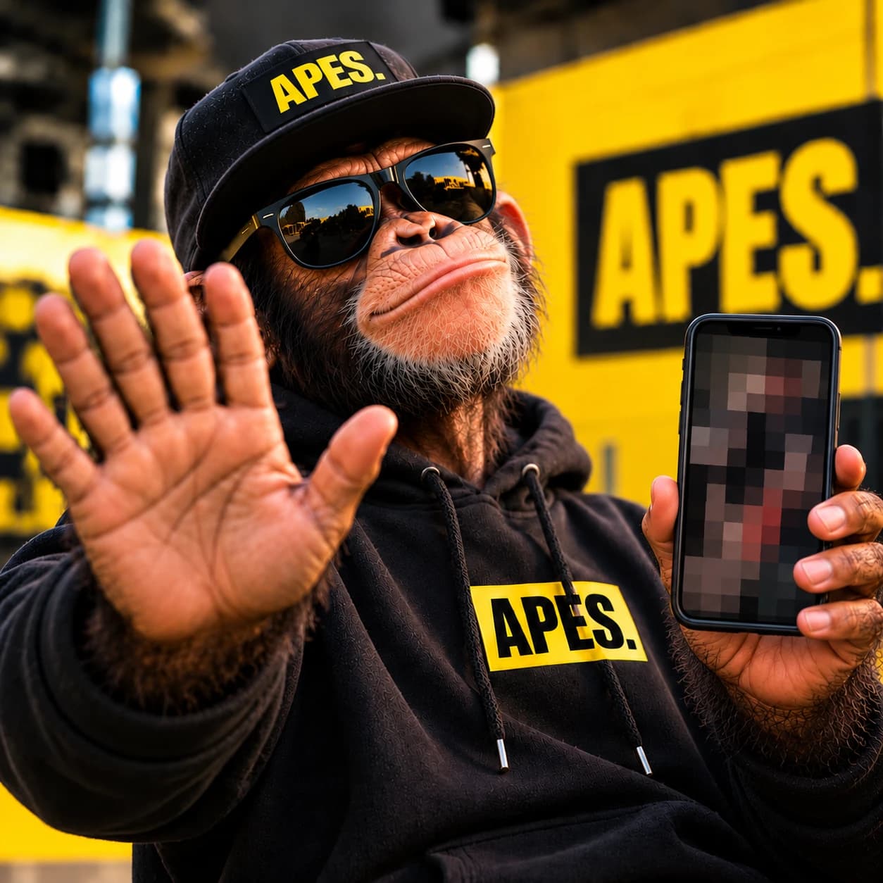 The ape in shades holding up a hand to stop you, its phone screen pixelated out