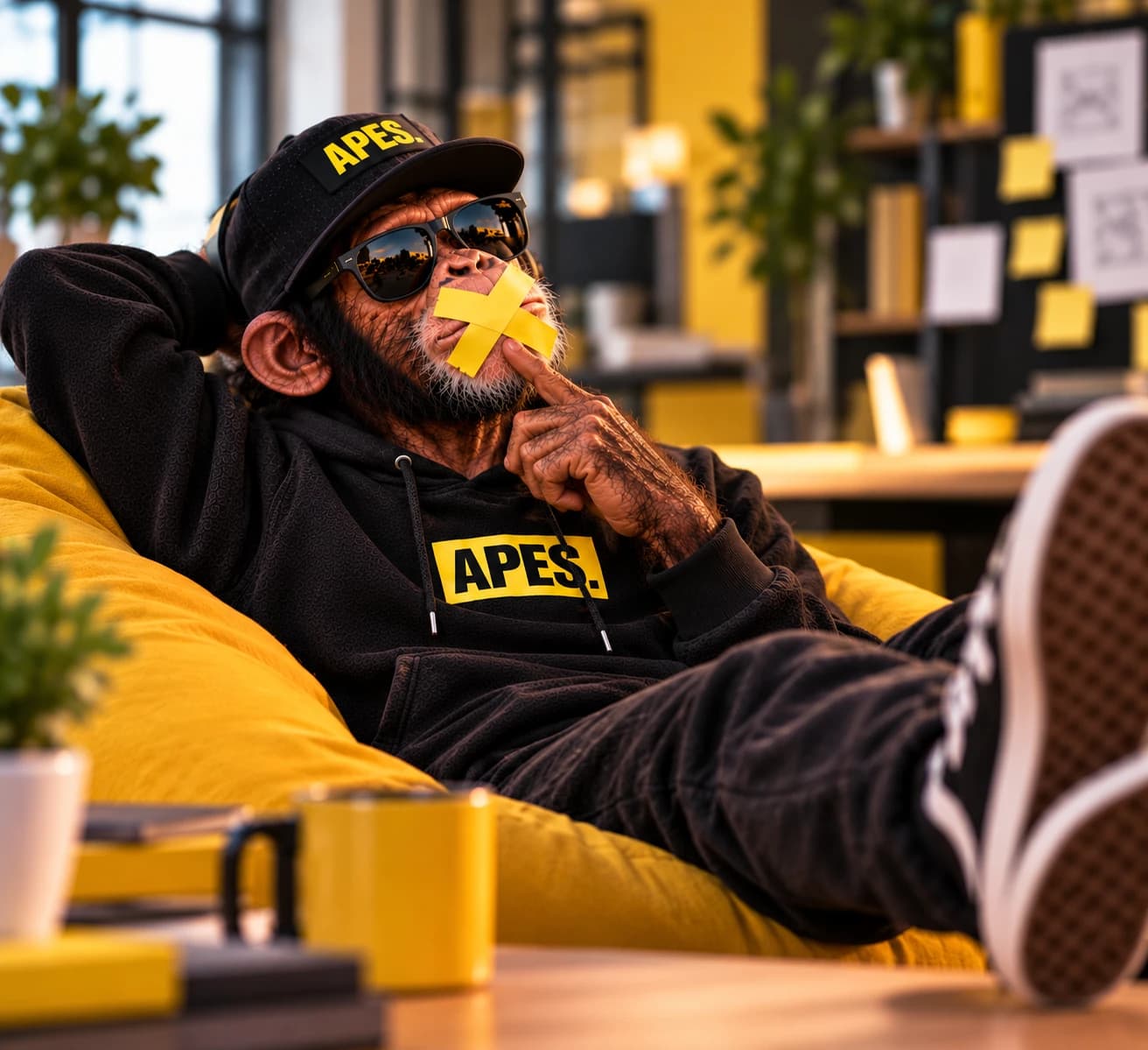 The ape lounging on a beanbag, mouth taped shut with an X