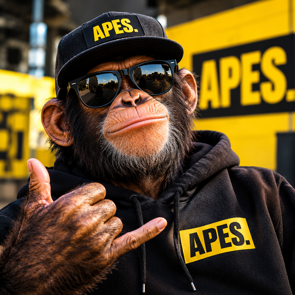 A chimp in sunglasses, an APES. cap and hoodie, throwing a thumbs-out pose